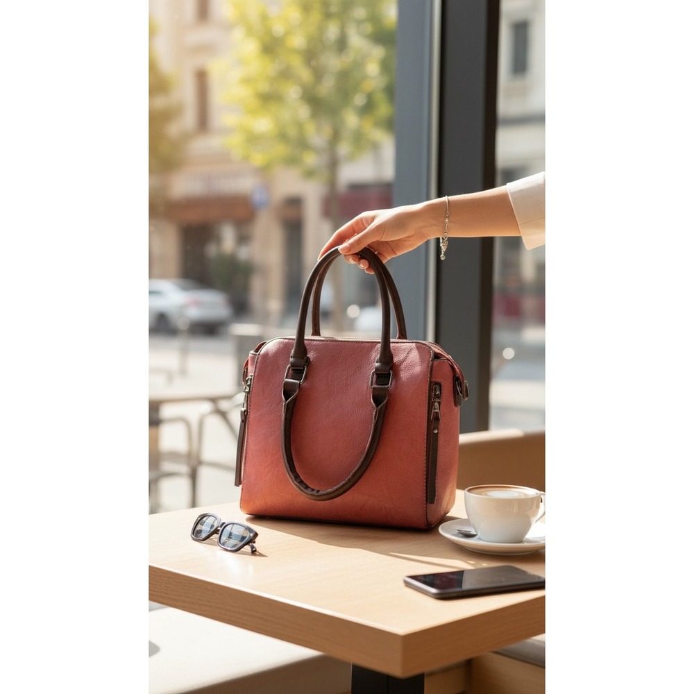 Womens Faux Leather Satchel Handbag Rose Terracotta with Matching Pouch